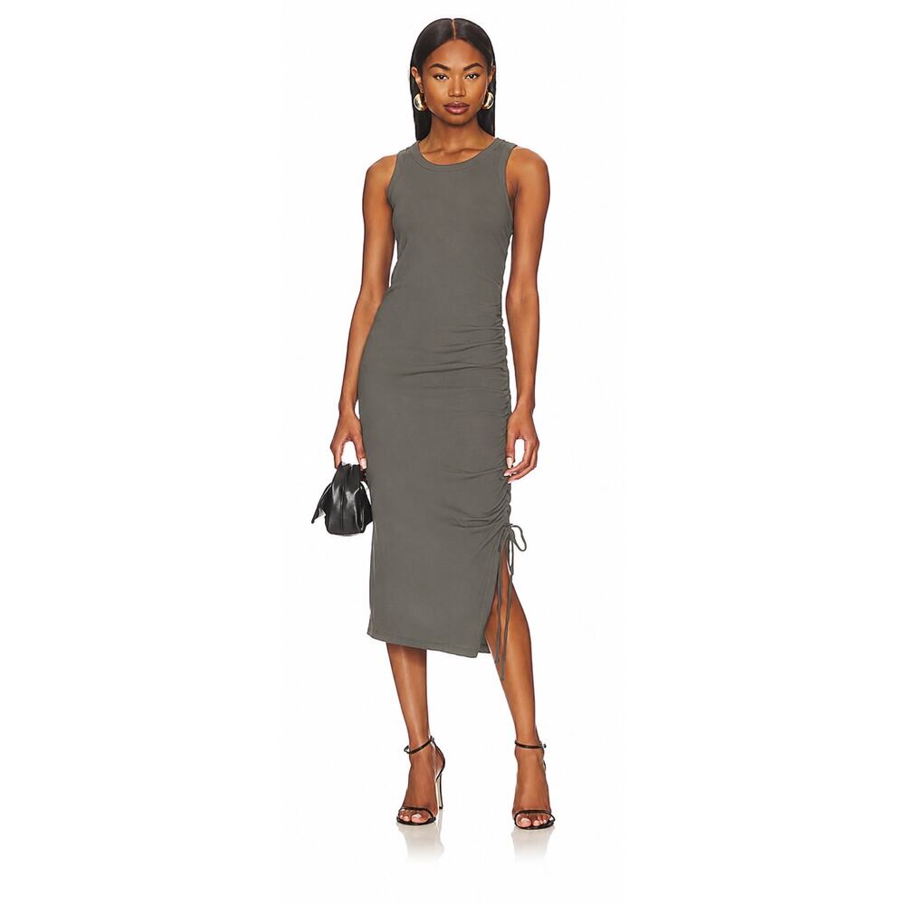 Michael Stars Hope Ultra Rib Ruched Tie Midi Dress Olive NWT Size MP
